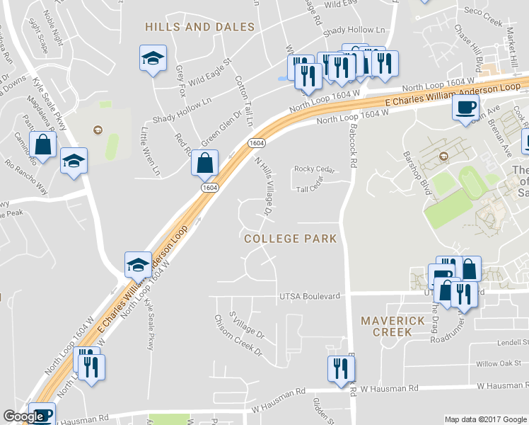 map of restaurants, bars, coffee shops, grocery stores, and more near 7523 Peppervine Lane in San Antonio