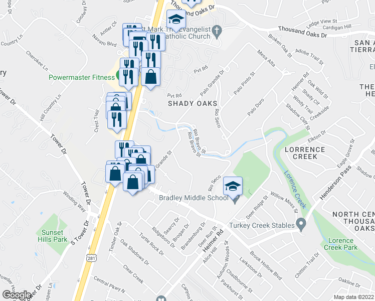 map of restaurants, bars, coffee shops, grocery stores, and more near 113 Rio Bravo in San Antonio
