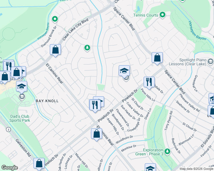 map of restaurants, bars, coffee shops, grocery stores, and more near 14635 Oak Chase Drive in Houston
