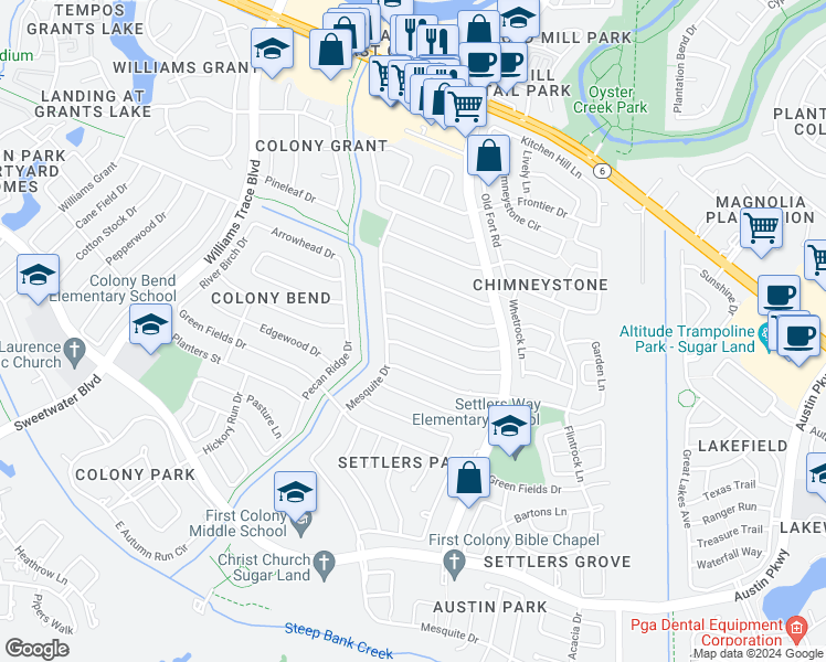 map of restaurants, bars, coffee shops, grocery stores, and more near 3022 Mosby Drive in Sugar Land