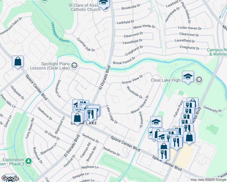 map of restaurants, bars, coffee shops, grocery stores, and more near 15706 Pinewood Cove Drive in Houston