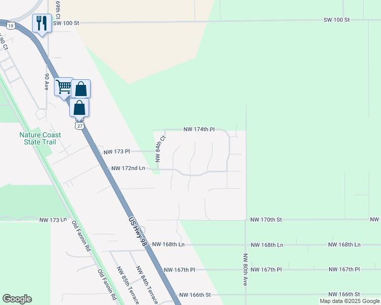 map of restaurants, bars, coffee shops, grocery stores, and more near 17340 Northwest 82nd Terrace in Fanning Springs
