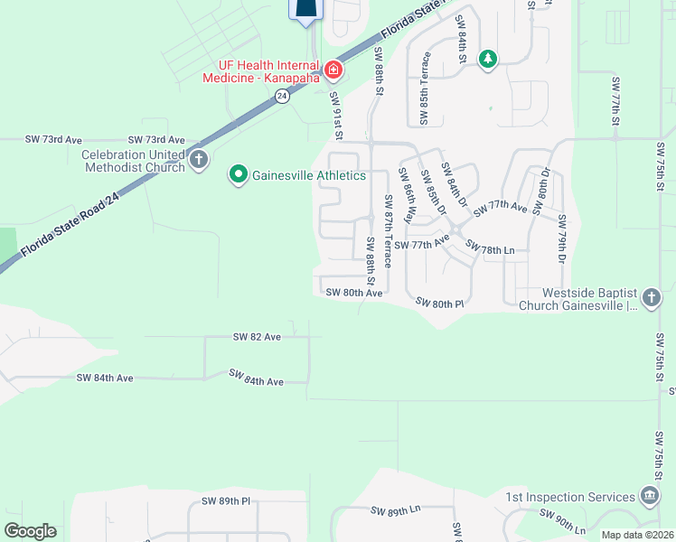 map of restaurants, bars, coffee shops, grocery stores, and more near 9024 Southwest 79th Avenue in Gainesville