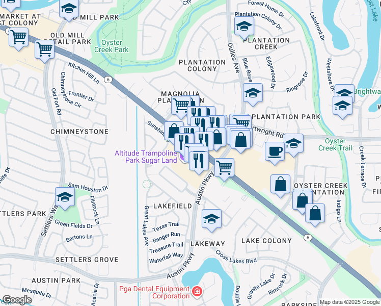 map of restaurants, bars, coffee shops, grocery stores, and more near 4530 Highway 6 in Sugar Land