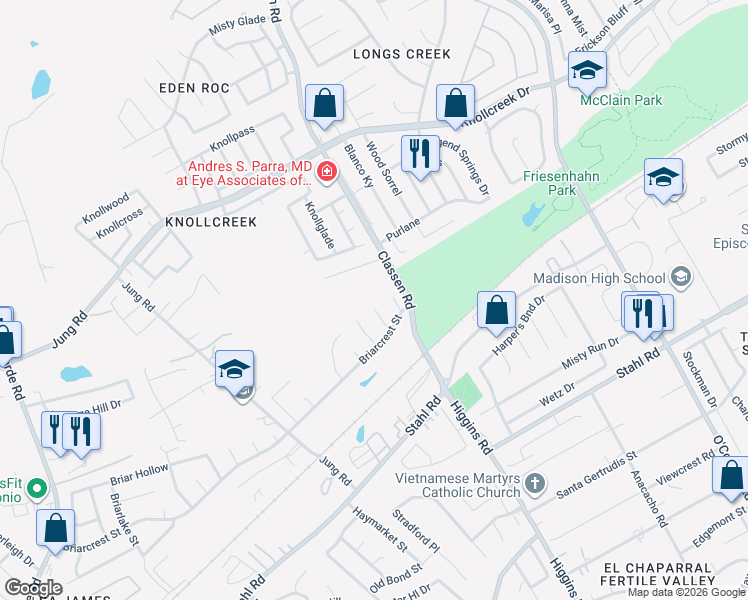 map of restaurants, bars, coffee shops, grocery stores, and more near 14430 Briarmall Street in San Antonio