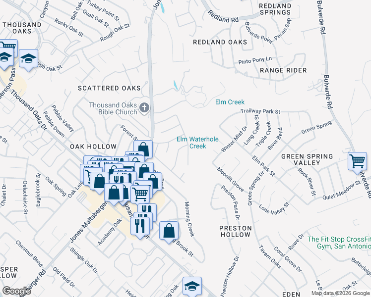 map of restaurants, bars, coffee shops, grocery stores, and more near 15239 Fall Place Drive in San Antonio