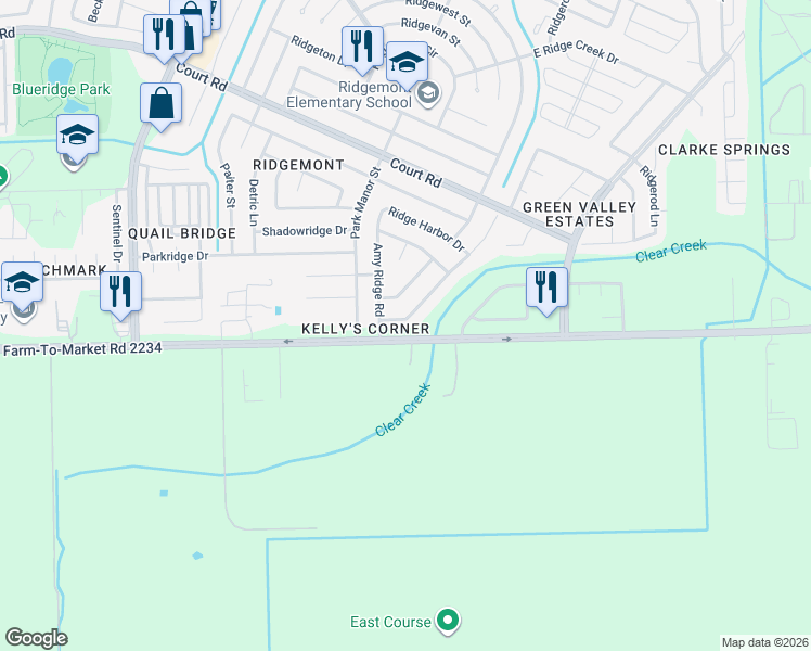 map of restaurants, bars, coffee shops, grocery stores, and more near 16711 Lazy Ridge Road in Houston