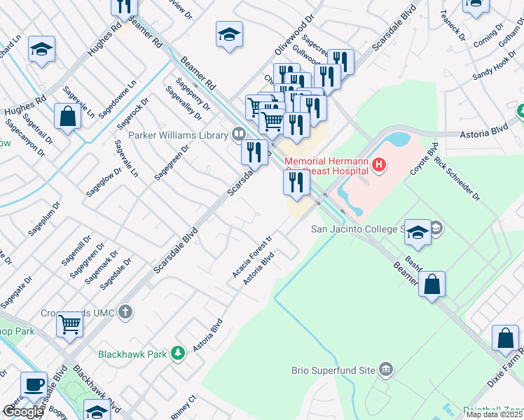 map of restaurants, bars, coffee shops, grocery stores, and more near 10702 Nicoles Place Trail in Houston