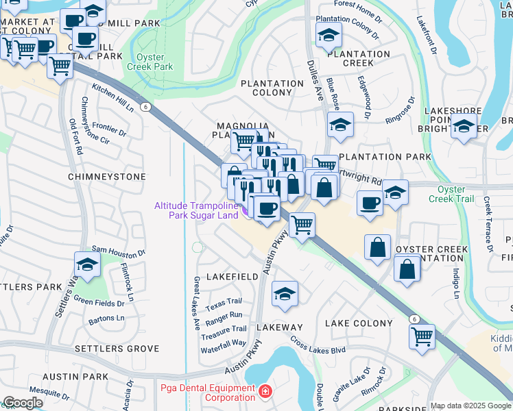 map of restaurants, bars, coffee shops, grocery stores, and more near 4530 Highway 6 in Sugar Land