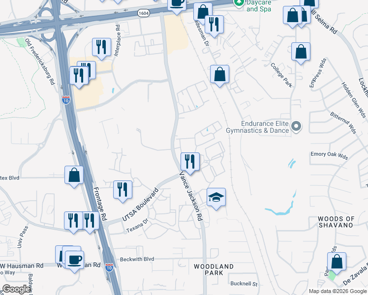 map of restaurants, bars, coffee shops, grocery stores, and more near 14614 Vance Jackson Road in San Antonio