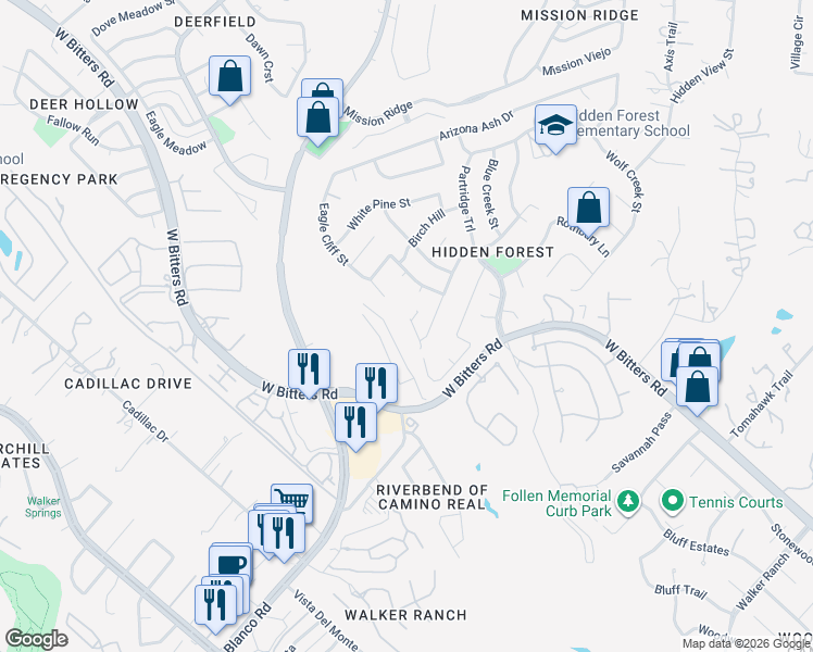 map of restaurants, bars, coffee shops, grocery stores, and more near 15620 Powder River in San Antonio