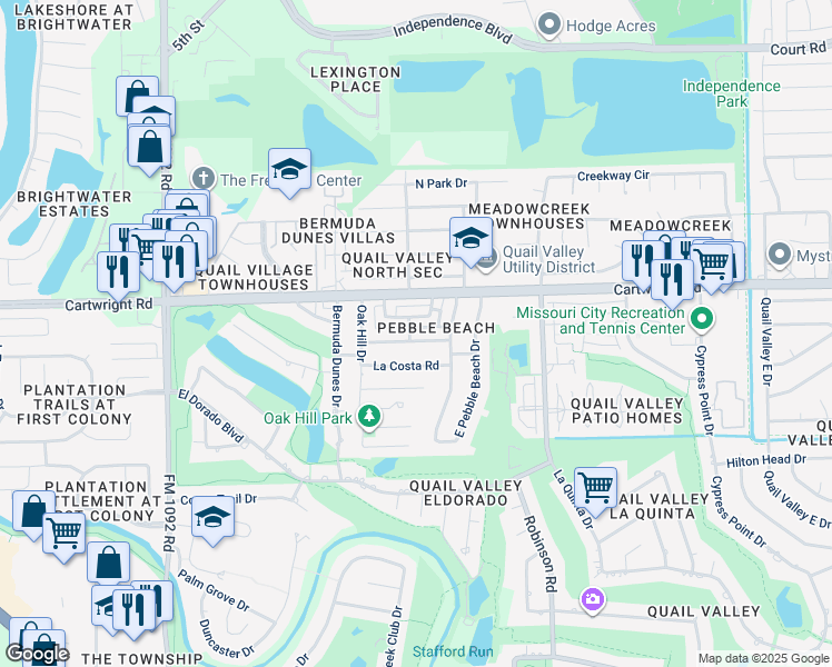 map of restaurants, bars, coffee shops, grocery stores, and more near 3224 Palm Desert Lane in Missouri City