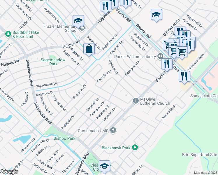 map of restaurants, bars, coffee shops, grocery stores, and more near 11506 Sagegreen Court in Houston