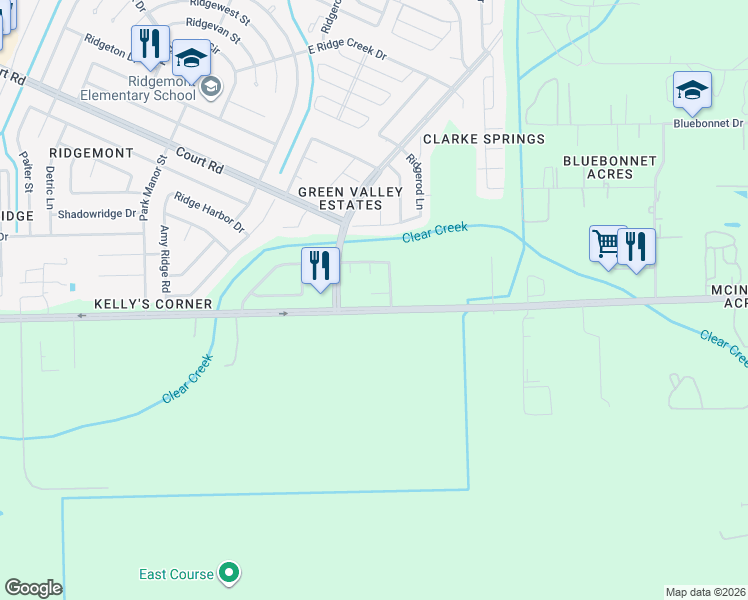 map of restaurants, bars, coffee shops, grocery stores, and more near 4519 South Ridgewalk Drive in Houston