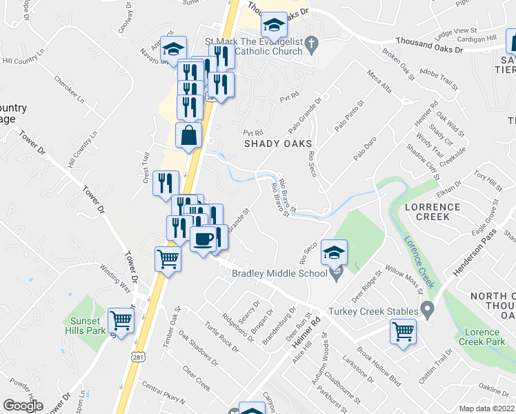 map of restaurants, bars, coffee shops, grocery stores, and more near 102 Encino Blanco Street in San Antonio