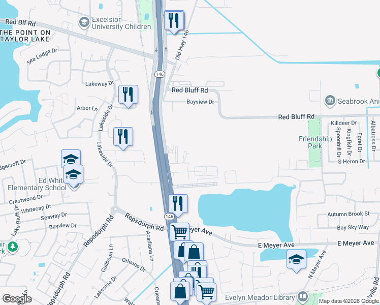 map of restaurants, bars, coffee shops, grocery stores, and more near 3300 Towers Boulevard in Seabrook