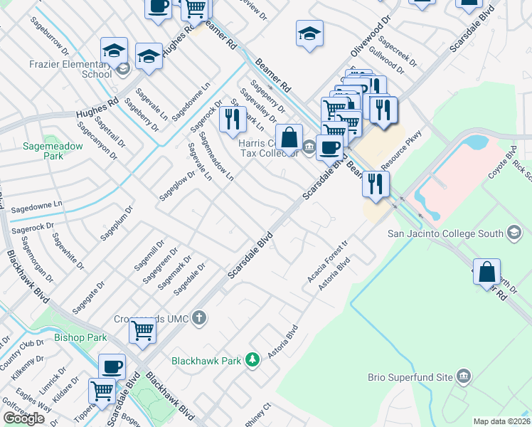 map of restaurants, bars, coffee shops, grocery stores, and more near 10507 Sagemeadow Court in Houston