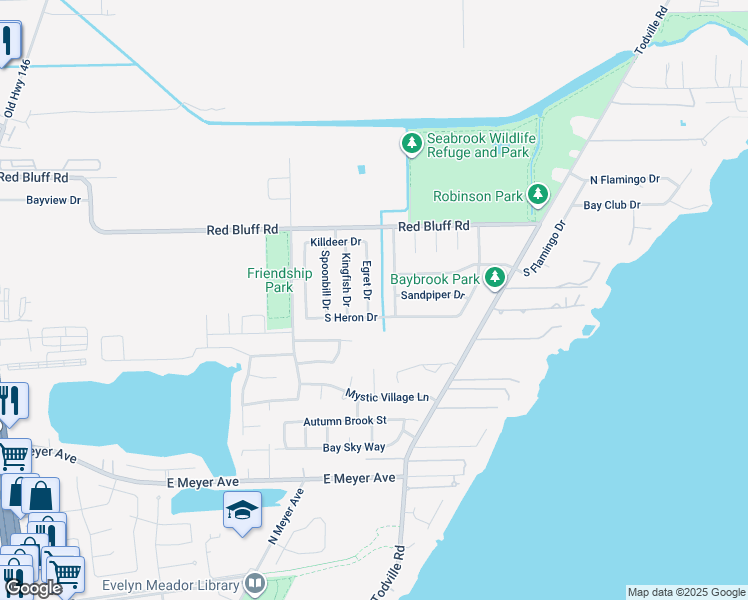 map of restaurants, bars, coffee shops, grocery stores, and more near 4313 Egret Drive in Seabrook