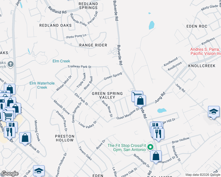 map of restaurants, bars, coffee shops, grocery stores, and more near 3610 Boulder Peak Street in San Antonio