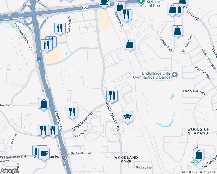 map of restaurants, bars, coffee shops, grocery stores, and more near 14614 Vance Jackson Road in San Antonio