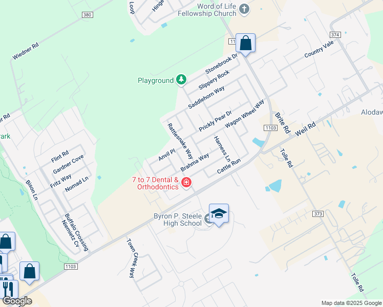 map of restaurants, bars, coffee shops, grocery stores, and more near 116 Rattlesnake Way in Cibolo