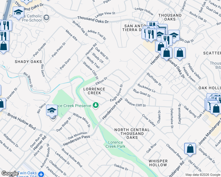 map of restaurants, bars, coffee shops, grocery stores, and more near 2226 Shadow Cliff Street in San Antonio