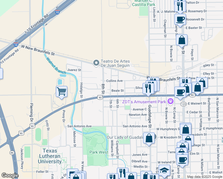 map of restaurants, bars, coffee shops, grocery stores, and more near 1311 7th Street in Seguin