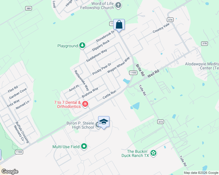 map of restaurants, bars, coffee shops, grocery stores, and more near 348 Longhorn Way in Cibolo