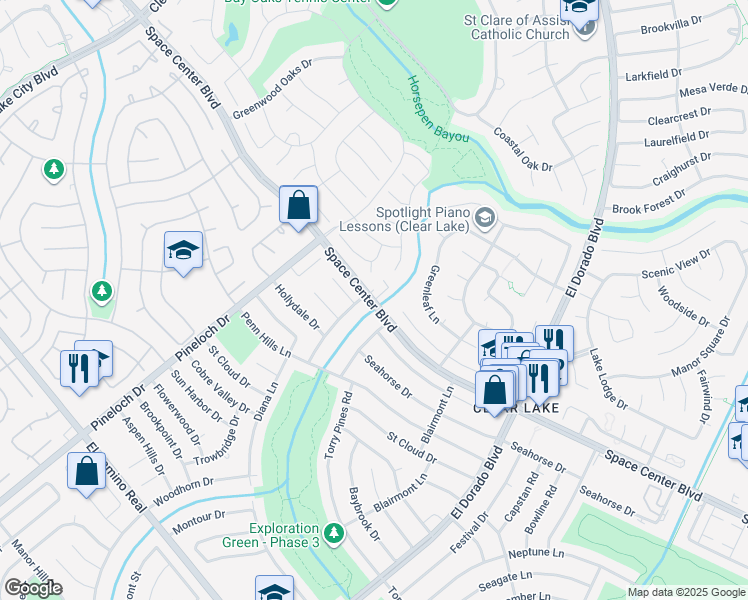 map of restaurants, bars, coffee shops, grocery stores, and more near Space Center Boulevard in Houston