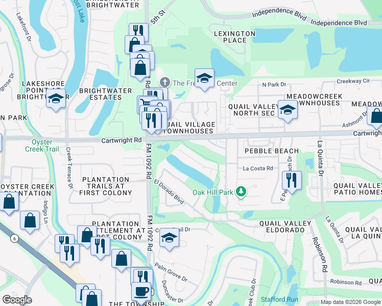 map of restaurants, bars, coffee shops, grocery stores, and more near 3602 La Costa Road in Missouri City