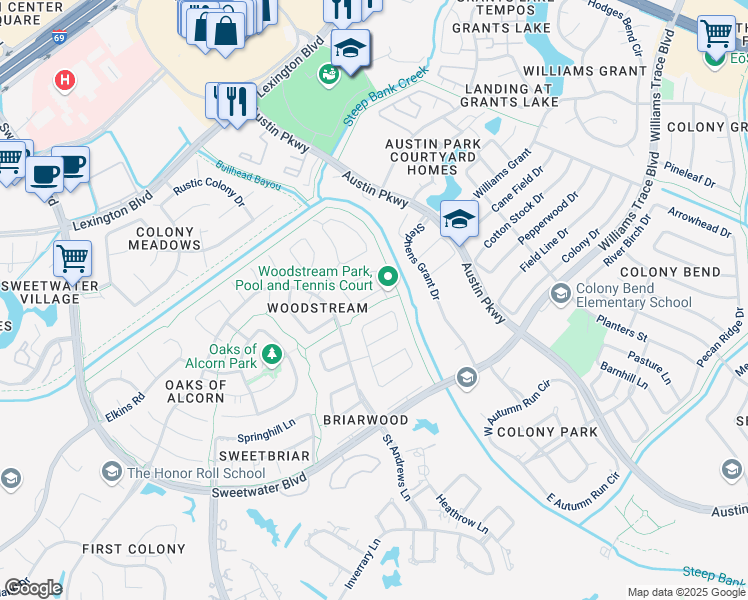 map of restaurants, bars, coffee shops, grocery stores, and more near 3307 Larkwood Lane in Sugar Land