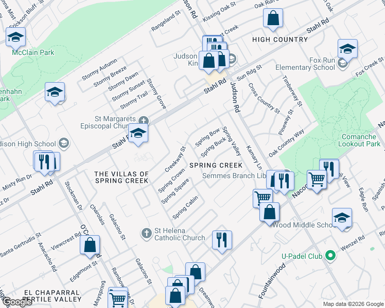 map of restaurants, bars, coffee shops, grocery stores, and more near 15247 Spring Corner in San Antonio