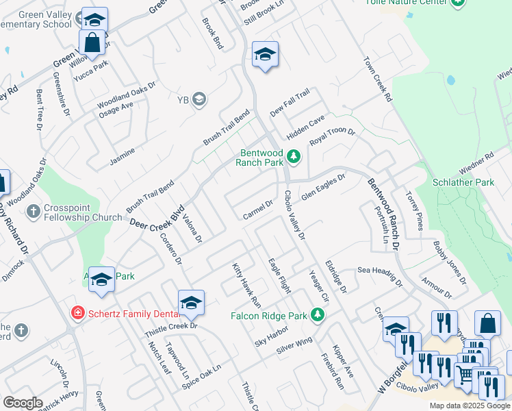 map of restaurants, bars, coffee shops, grocery stores, and more near 134 Carmel Drive in Cibolo