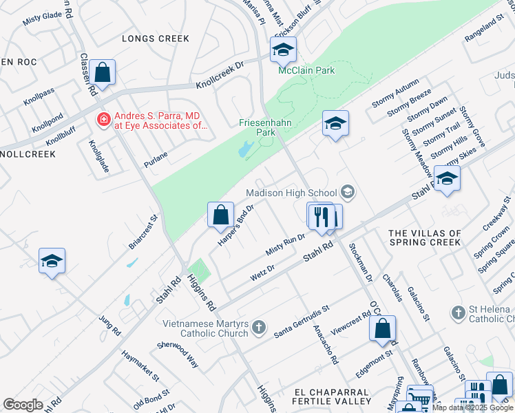 map of restaurants, bars, coffee shops, grocery stores, and more near 15042 Old Creek Street in San Antonio