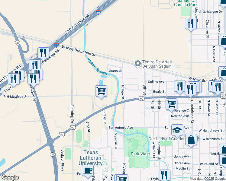 map of restaurants, bars, coffee shops, grocery stores, and more near 1326 Aldama Street in Seguin