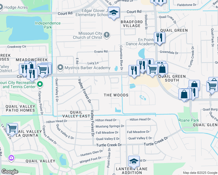 map of restaurants, bars, coffee shops, grocery stores, and more near 2114 Hawks Road in Missouri City