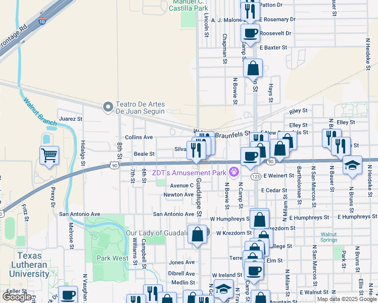 map of restaurants, bars, coffee shops, grocery stores, and more near 527 Silva Street in Seguin
