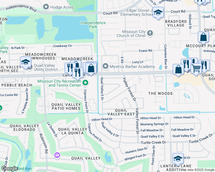 map of restaurants, bars, coffee shops, grocery stores, and more near 2407 Bradford Drive in Missouri City