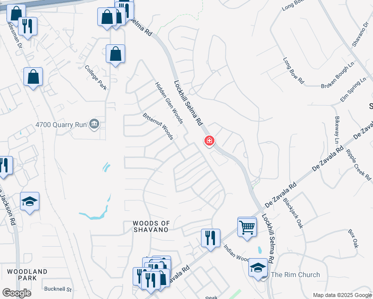 map of restaurants, bars, coffee shops, grocery stores, and more near 14600 Parksite Woods in San Antonio