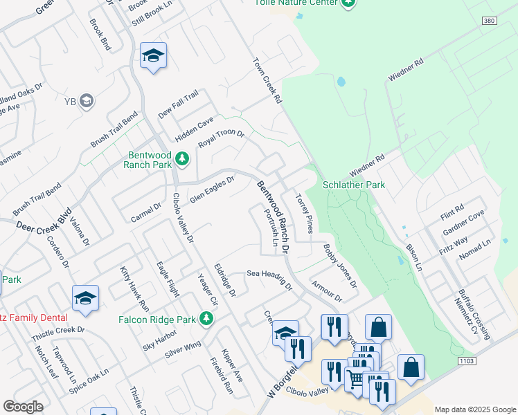 map of restaurants, bars, coffee shops, grocery stores, and more near 417 Portrush Lane in Cibolo