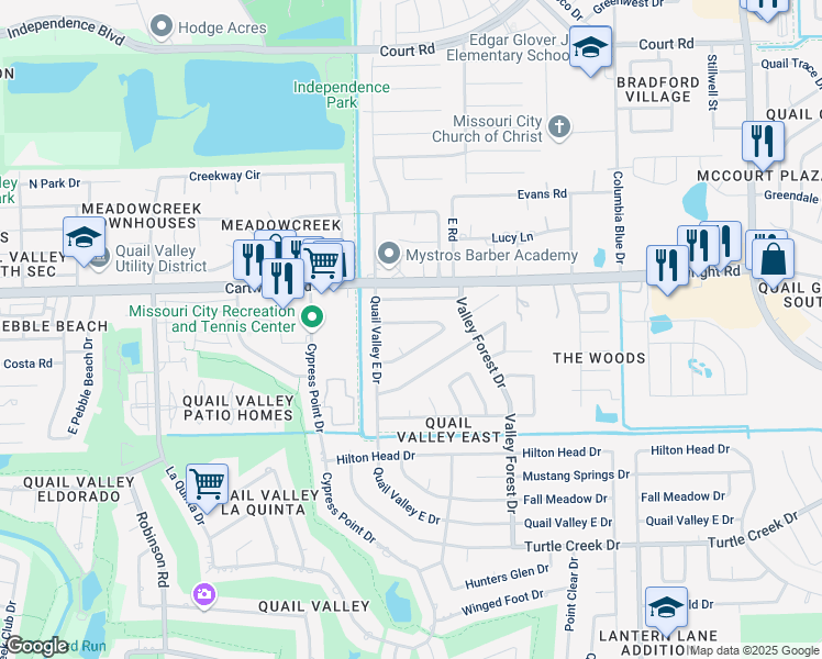 map of restaurants, bars, coffee shops, grocery stores, and more near 2407 Bradford Dr in Missouri City