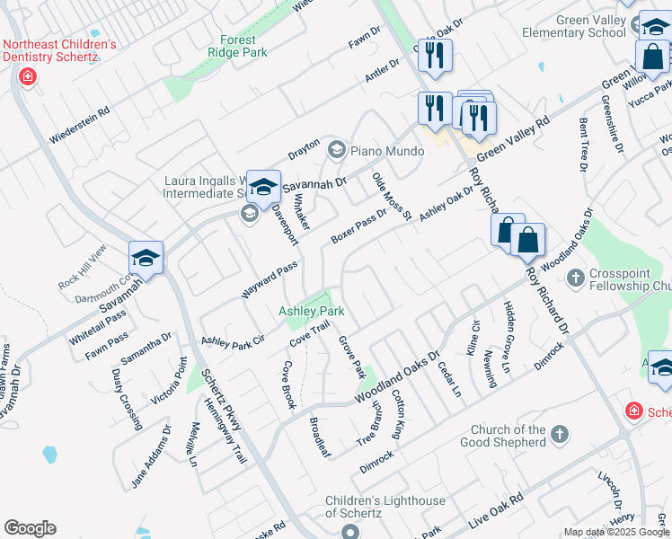 map of restaurants, bars, coffee shops, grocery stores, and more near 2613 Ashley Oak Drive in Schertz