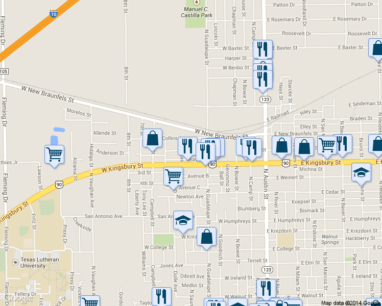 map of restaurants, bars, coffee shops, grocery stores, and more near 527 Silva Street in Seguin