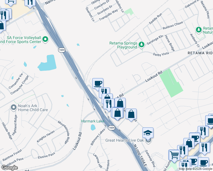 map of restaurants, bars, coffee shops, grocery stores, and more near 7319 North Loop 1604 East in Live Oak