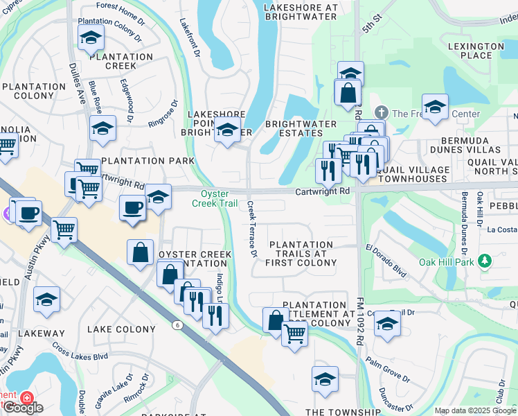 map of restaurants, bars, coffee shops, grocery stores, and more near 4118 Creek Hollow Lane in Missouri City