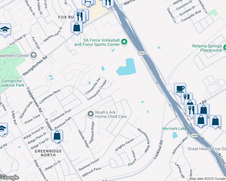 map of restaurants, bars, coffee shops, grocery stores, and more near 6939 Raintree Path in San Antonio
