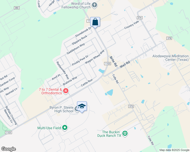 map of restaurants, bars, coffee shops, grocery stores, and more near 101 Rawhide Way in Cibolo