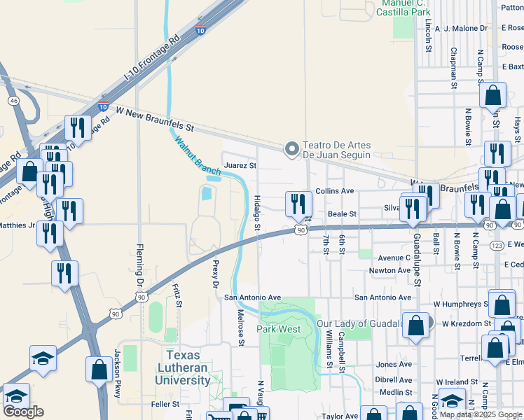 map of restaurants, bars, coffee shops, grocery stores, and more near 949 Anderson Street in Seguin