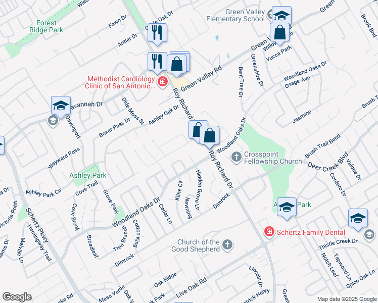 map of restaurants, bars, coffee shops, grocery stores, and more near 2816 Hidden Grove Lane in Schertz