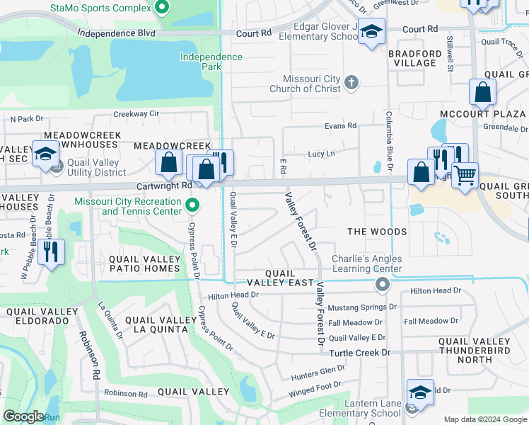 map of restaurants, bars, coffee shops, grocery stores, and more near 2323 Bradford Drive in Missouri City